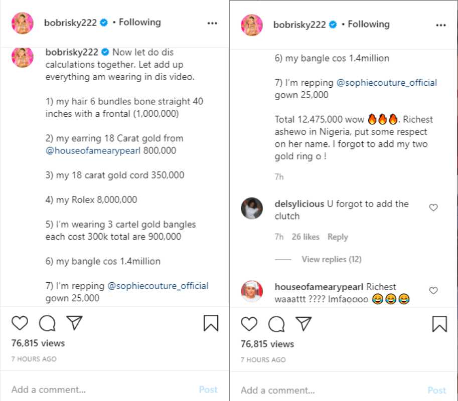 "Richest ashewo" - Bobrisky says while flaunting jewelry worth N12.4M