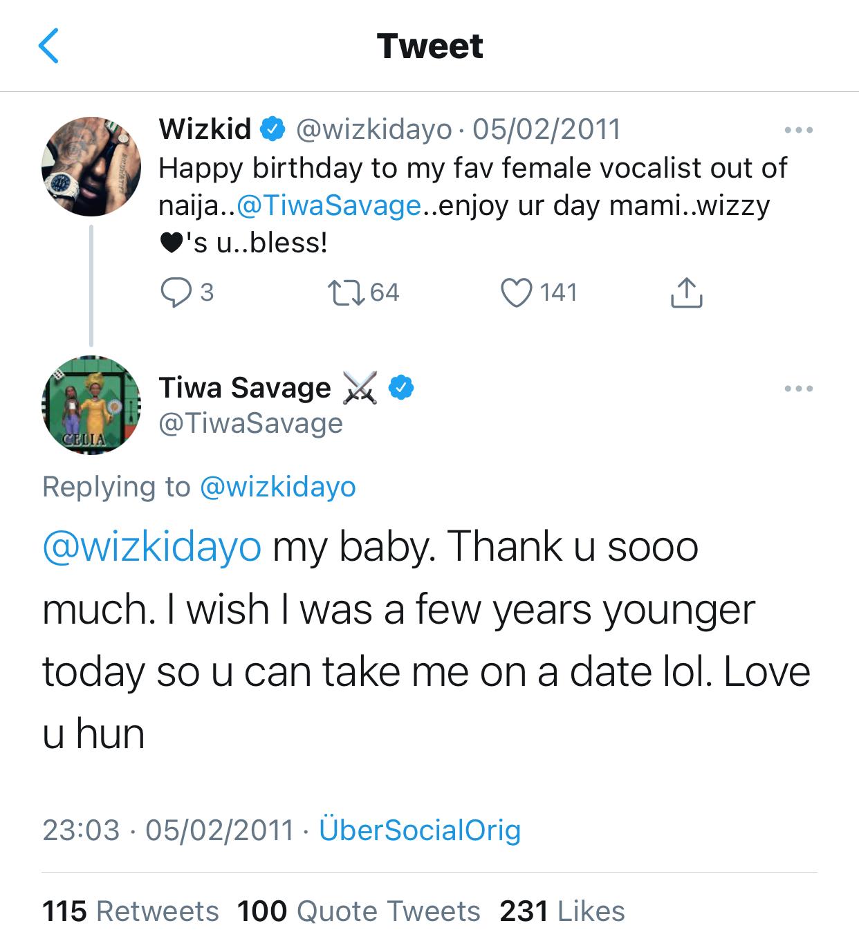 Tweet of Tiwa Savage and Wizkid