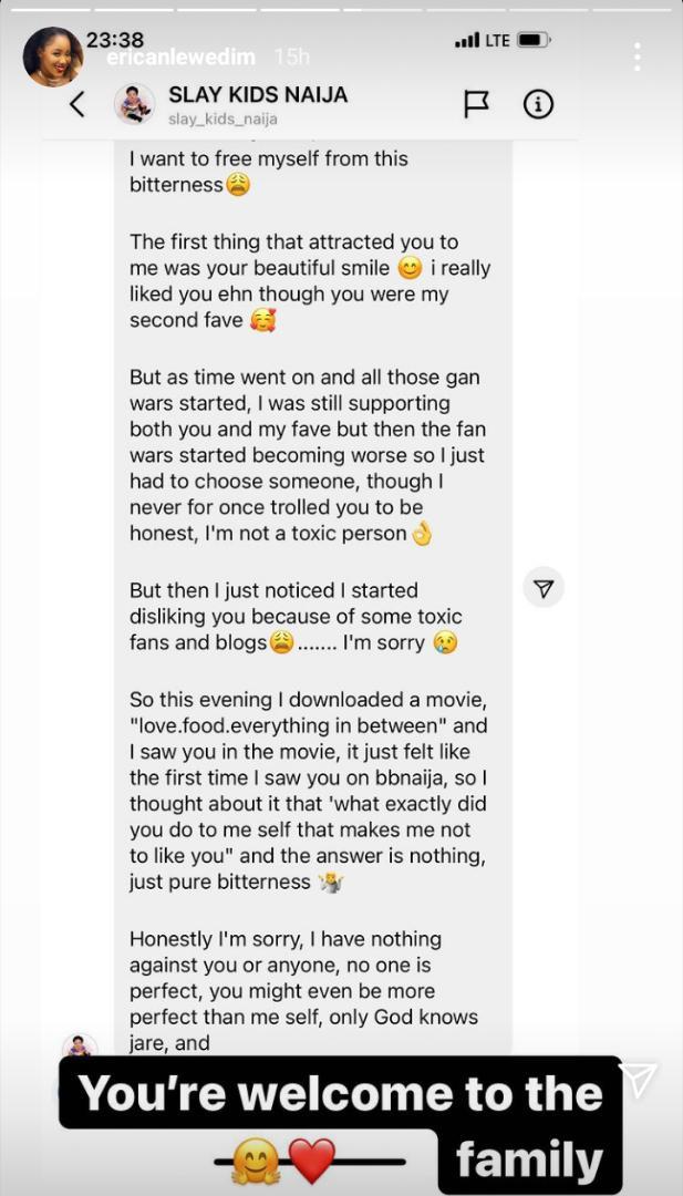 Fan writes Erica apology