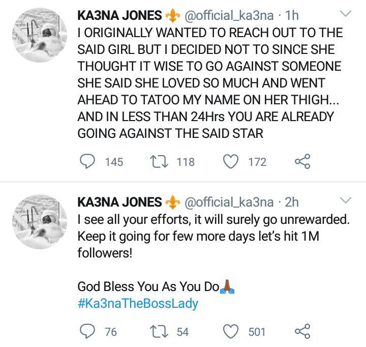 Ka3na blasts lady who tattooed her name