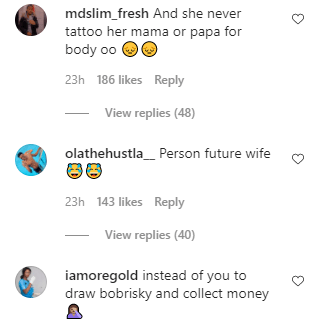 "Kobo you no go see" - Lady dragged for getting tattoo of Naira Marley on her lap