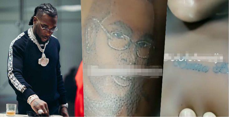Lady tattoos Burna Boy's face and name of her lap and chest (Video)