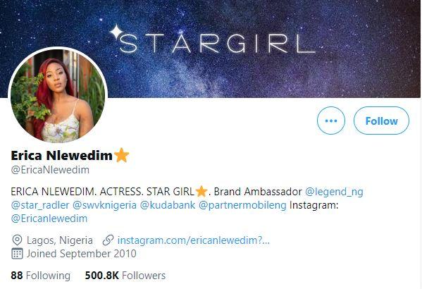 Erica Nlewedim celebrates as she hits 500K followers on Twitter