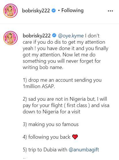 Controversial crossdresser, Bobrisky has gifted another lady who got a tattoo of his full name N1M and a trip to Dubai.