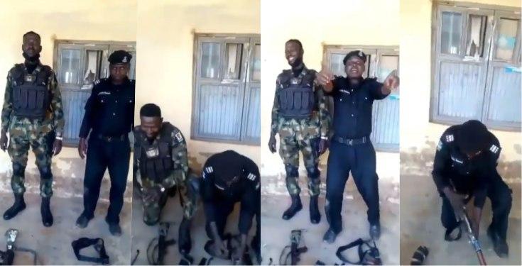 Police Officer becomes laughing stock after struggling to assemble gun while competing with Soldier (Video)