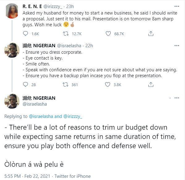 Lady asked to write proposal after seeking business funds from husband