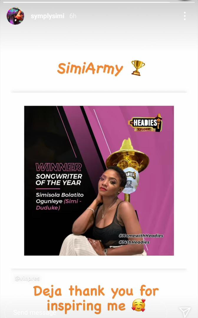 Simi dedicates Headies Award