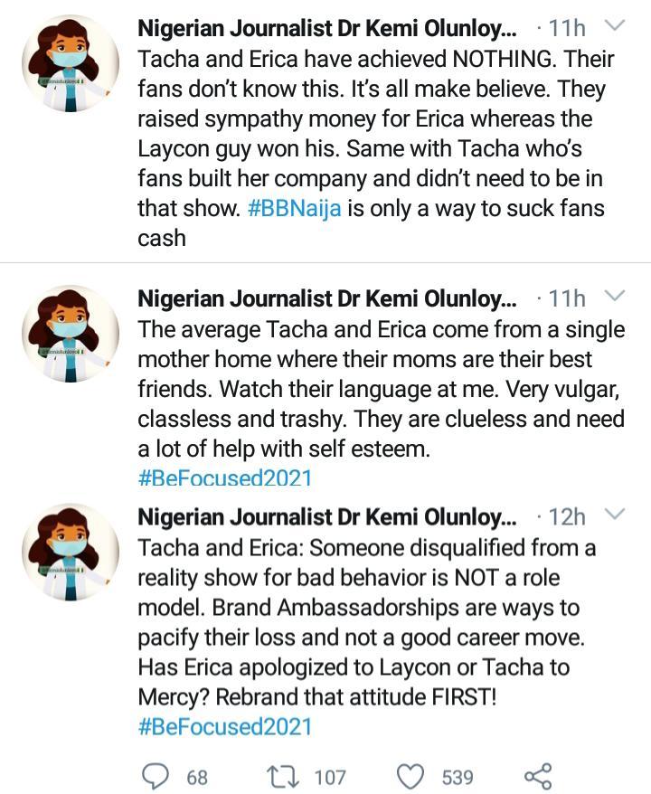 Kemi Olunloyo drags Tacha & Erica