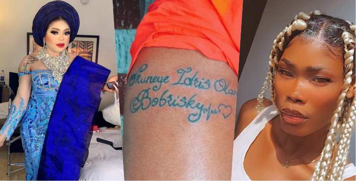 Bobrisky reacts as another lady gets tattoo of his full name