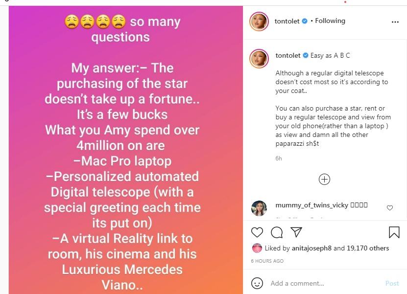 Tonto Dikeh spent on the Star