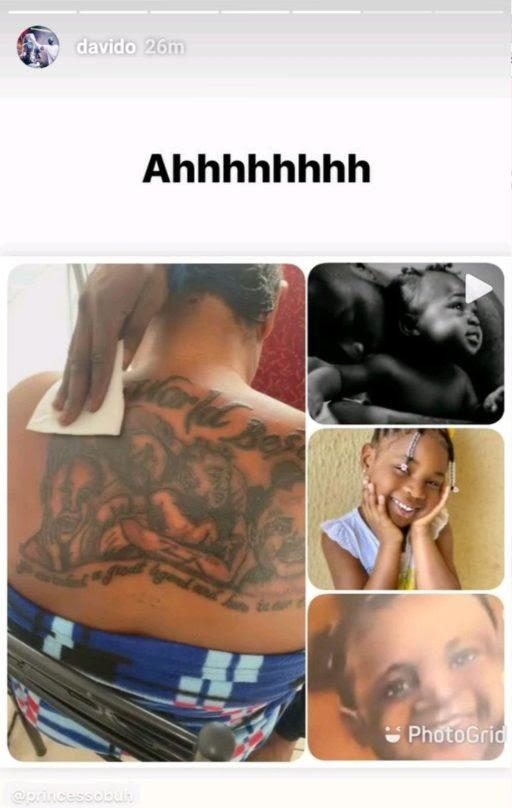 Davido reacts as lady tattoos his face and that of all his children on her back