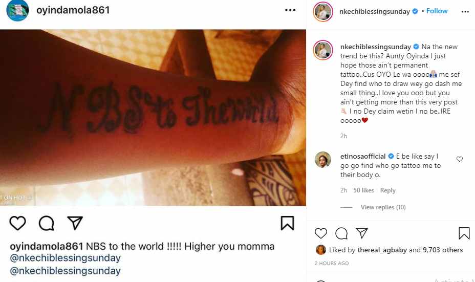 "Kobo, you won't get" - Nkechi Blessing reacts as fan inked tattoo of her name