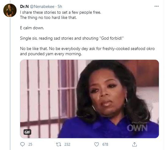 "Not all men wants fresh okro and pounded yam every morning" - Doctor shares marriage experience of trying to pamper husband