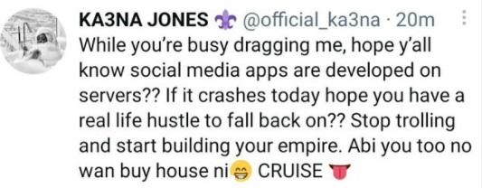 "Start building your own empire" - Ka3na fires back after being dragged for bragging about owning a house before BBN