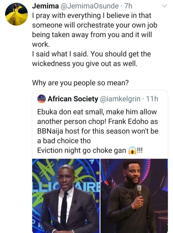 Actress, Jemima Osunde rains curse on fan who wished Ebuka gets replaced as BBNaija host