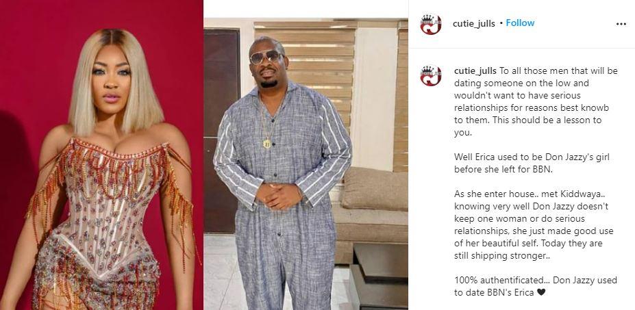 "Erica dated Don Jazzy before BBNaija" - Blogger drops shocking details