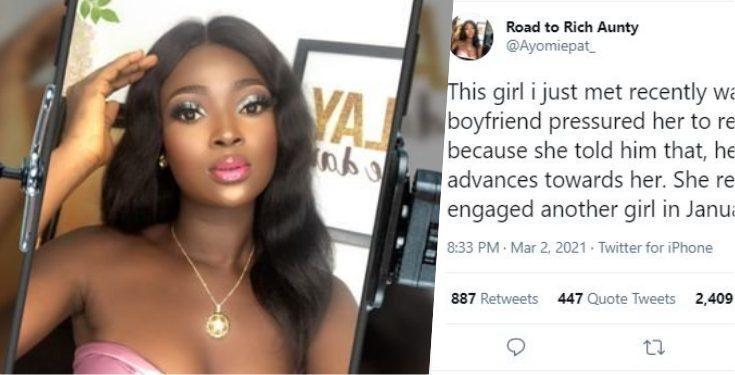 Man engages another lady after telling his girlfriend to quit work over advances from boss