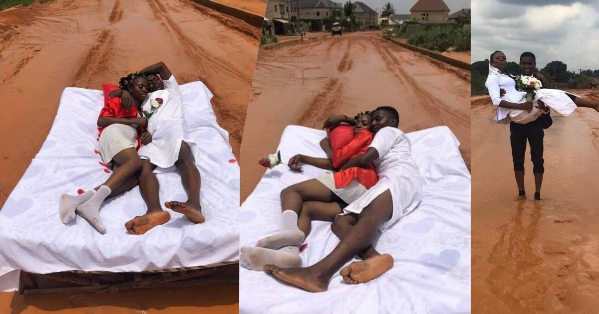 Couple holds romantic honeymoon on a muddy road in Imo state (Photos)