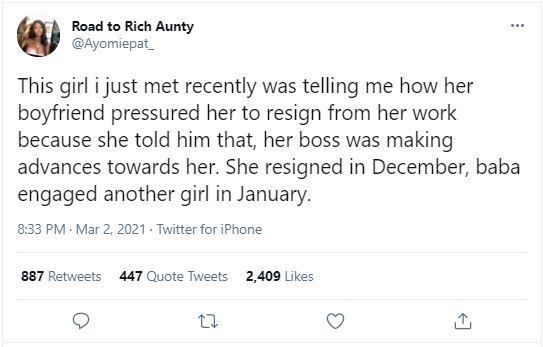 Man engages another lady after telling his girlfriend to quit work over advances from boss