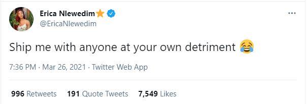 ”Ship me with anyone at your own detriment” – Erica Nlewedim drops shade