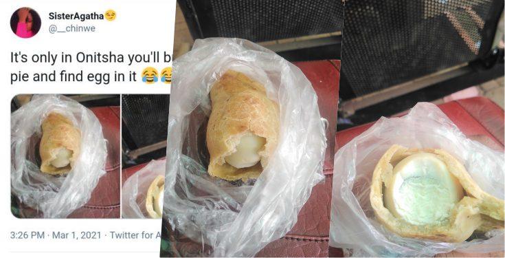 Lady in shock after finding whole boiled egg inside meat pie