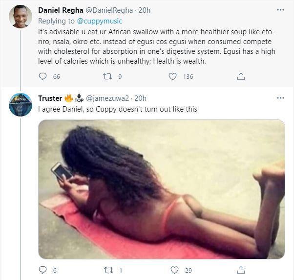 "Is that your new song title" - Reactions as DJ Cuppy shares plate of Amala with fans