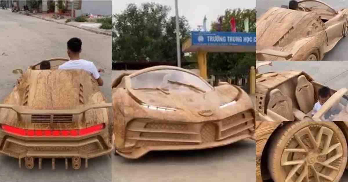Father builds Bugatti car with wood for his son under 40 days (Video)