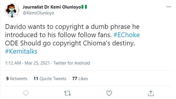"ODE copyright Chioma's destiny too" - Kemi Olunloyo attacks Davido over  'E Choke' catchphrase