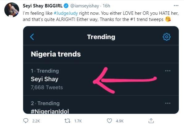 "Thanks for the #1 trend tweeps" - Seyi Shay reacts to backlash of ridiculing 17-year-old Idol contestant