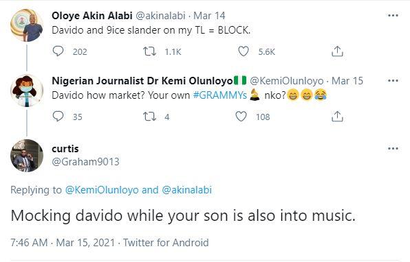 “Who is Davido near my son? Never compare rubbish” – Kemi Olunloyo slams fan