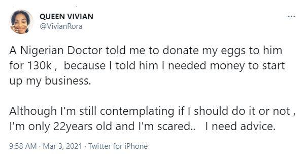 Lady laments as Doctor advised selling her eggs to him to raise funds for business