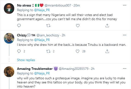 "Mummy Remi will spank that face off your back" - Reactions as lady inks tattoo of Tinubu's face on her back