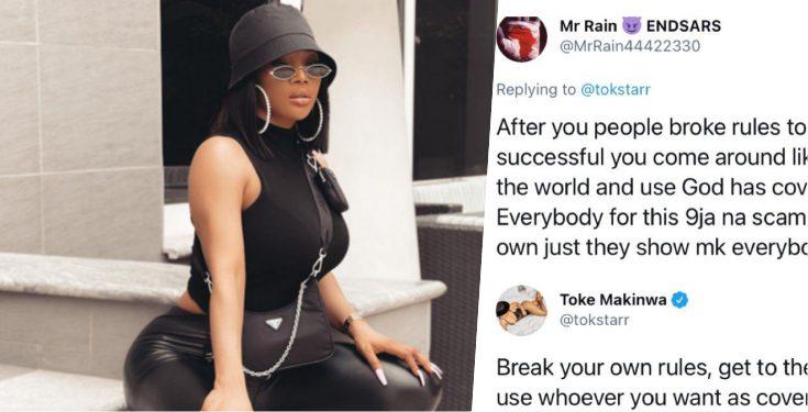 "Use whoever you want as cover up" - Toke Makinwa blast man who accused her of using illegal means to accumulate wealth