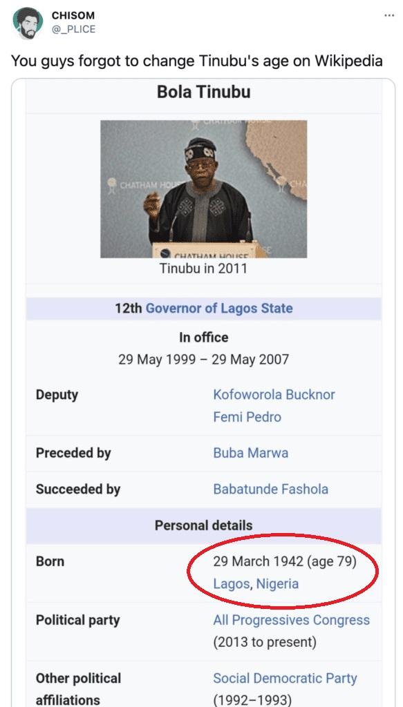 Wikipedia locks Bola Tinubu's page after his age was tampered 84 times