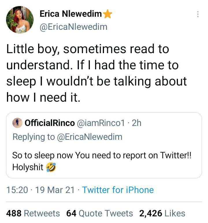 “Little boy, sometimes read to understand" - Erica Nlewedim slams troll
