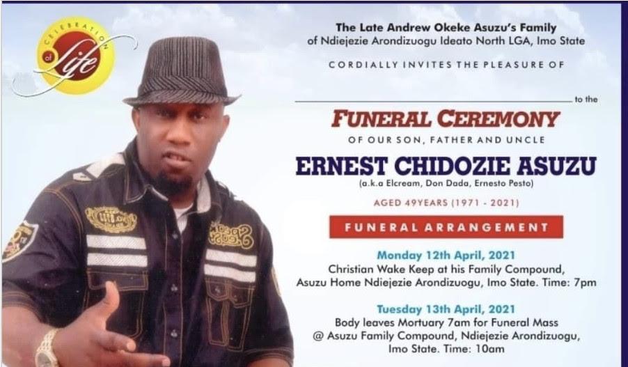 Nollywood actor, Ernest Asuzu to be buried on April 13
