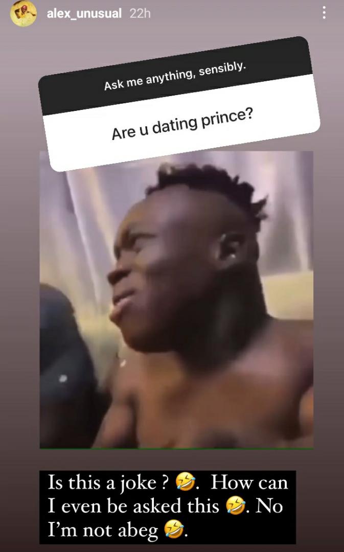 Alex Unusual reacts to rumor of dating fellow ex-housemate, Prince