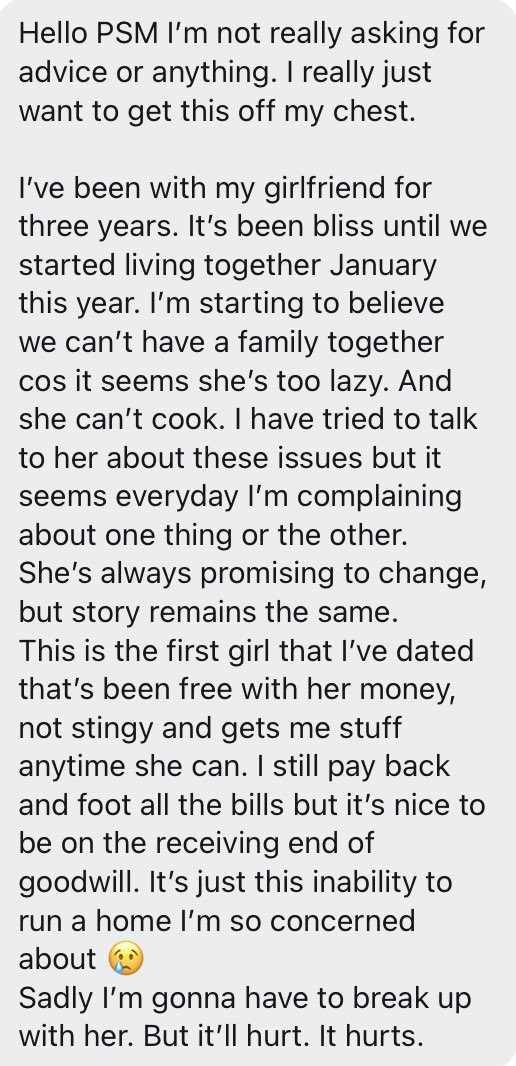 Man seeks advice as he plans to breakup with generous girlfriend who is lazy and can't cook