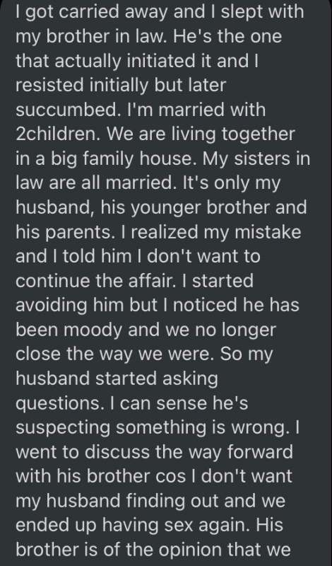"How do I pull out of this" - Mother of two cries for advice after sleeping with brother-in-law