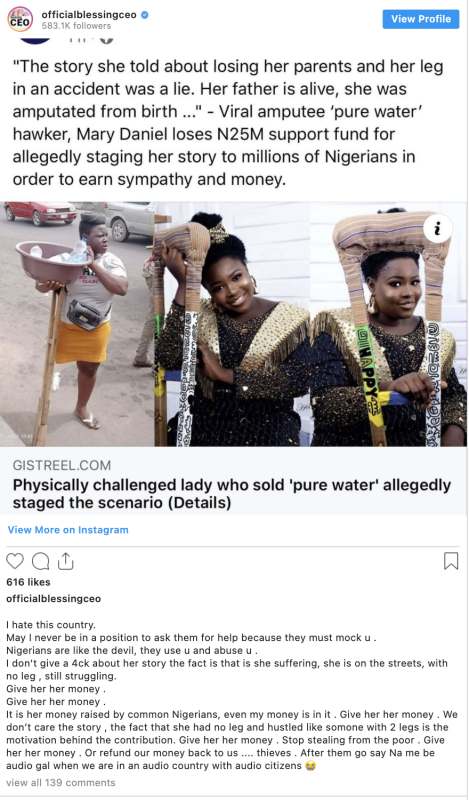 "Give her the money" - Blessing Okoro reacts to claims that amputee 'pure water' seller lied 