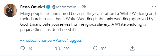 "Many people are unmarried because they can't afford white wedding" - Reno Omokri