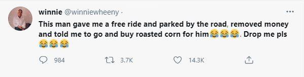 Lady narrates how man who gave her free lift sent her to buy roasted corn