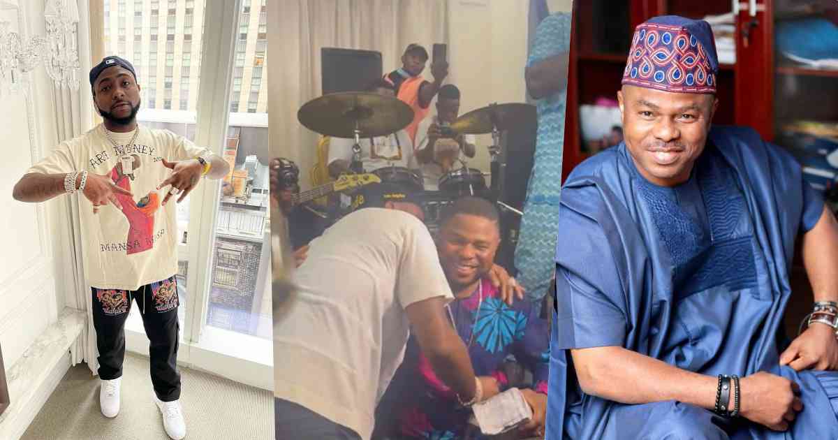 Moment Davido gifts gospel singer, Yinka Ayefele a stash of money (Video)