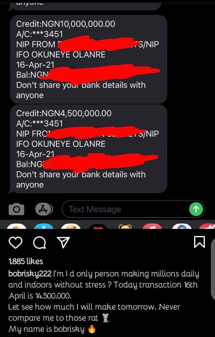 Bobrisky flaunt millions