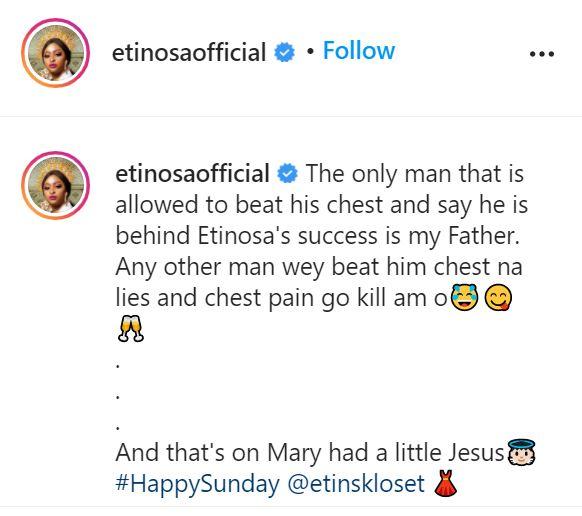 "The only man behind my success is my father" - Etinosa gushes over her parent