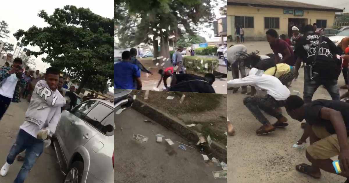 Suspected yahoo boy spotted spraying stash of money after final exams (Video)