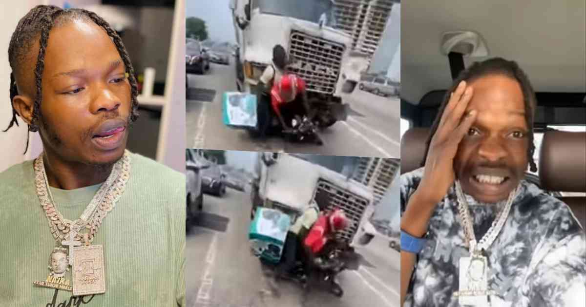 Dispatch rider almost gets crushed by truck while collecting money from Naira Marley (Video)