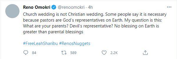 "Church wedding is not a Christian wedding" - Reno Omokri insists