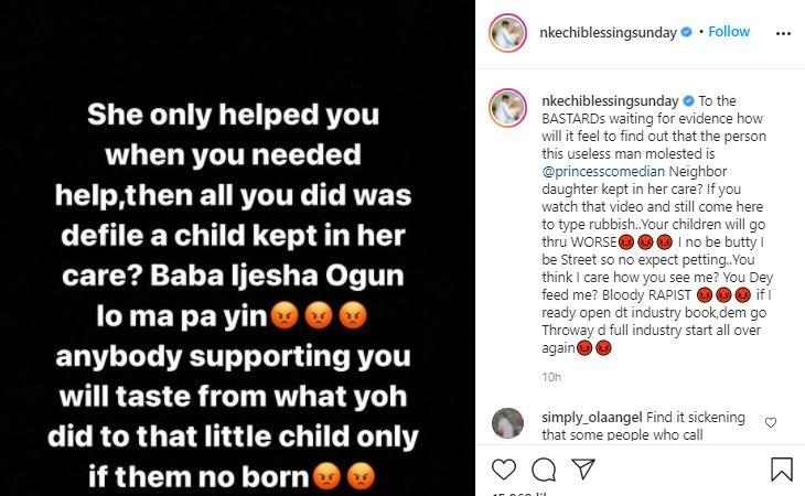 "Anyone supporting you will surely taste the same fate" - Nkechi Blessing reacts to Baba Ijesha's scandal