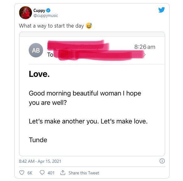 ”What a way to start the day” - DJ Cuppy gushes over romantic letter from Tunde